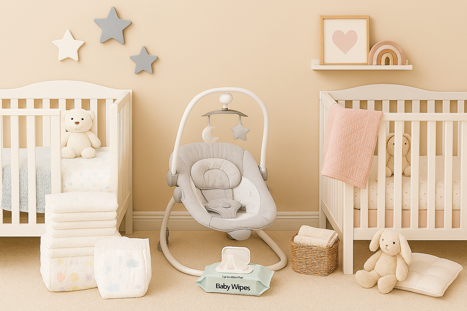 Nursery( cribs, bedding, swings, decor)
