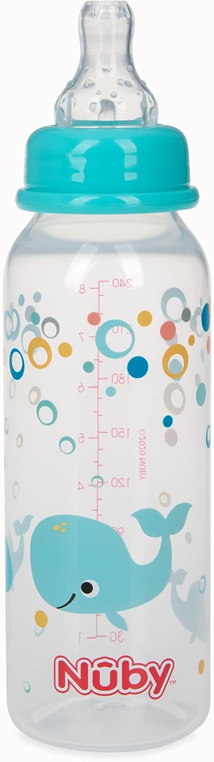 Nuby Printed Non-Drip Bottle, 1 Pack of 1 Bottle, 8 Ounce, Colors May Vary