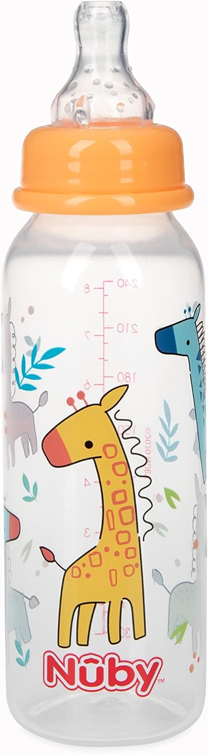 Nuby Printed Non-Drip Bottle, 1 Pack of 1 Bottle, 8 Ounce, Colors May Vary