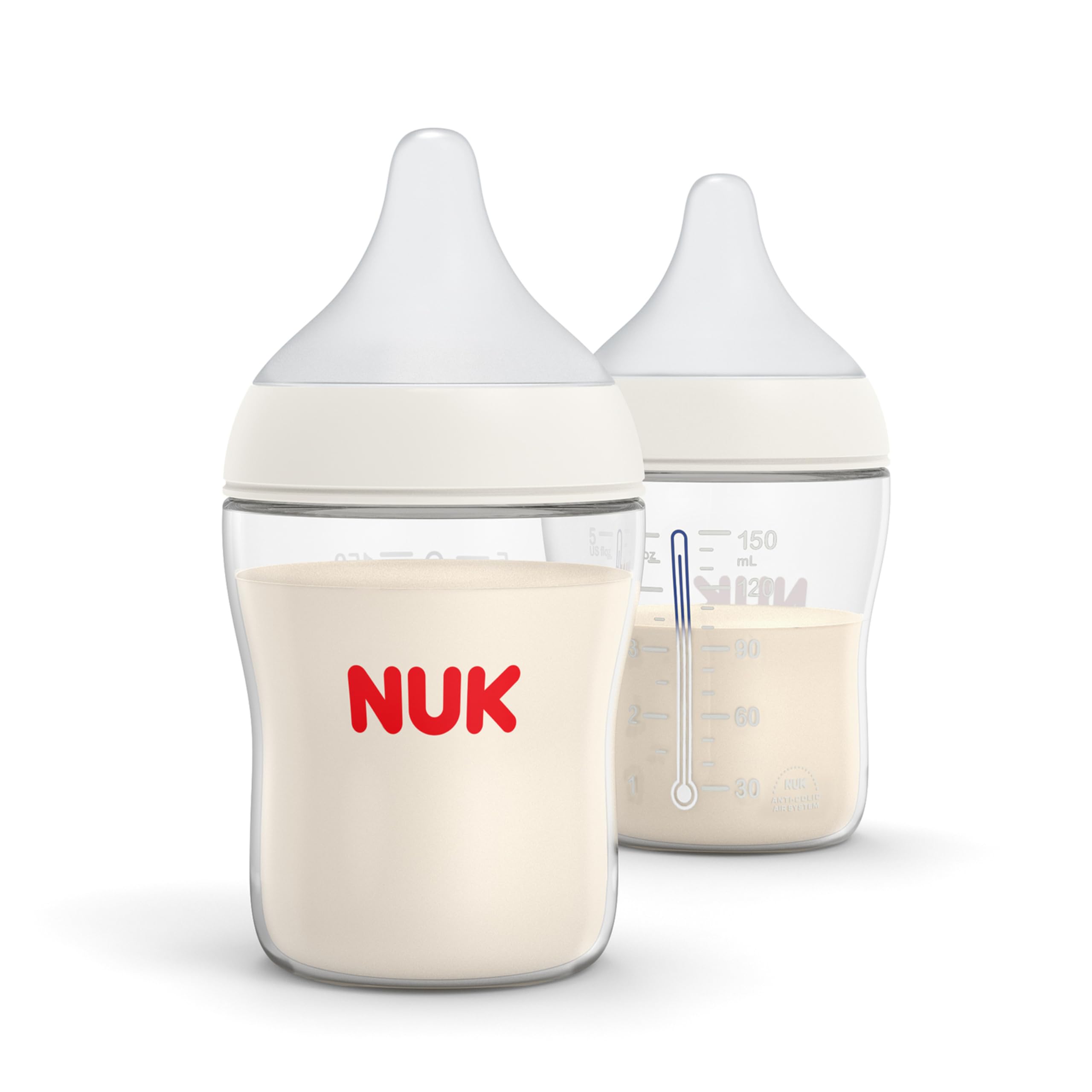 NUK Perfect Match 2-in-1 Natural and Anti-Colic Bottle with Medium Flow, Wide, Adaptable Nipple, 8oz., 4 Pack, BPA Free