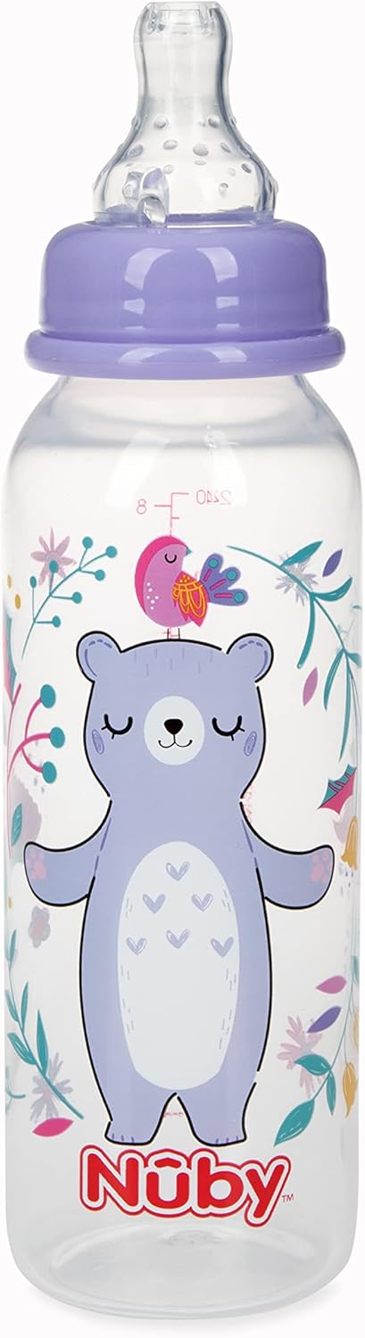 Nuby Printed Non-Drip Bottle, 1 Pack of 1 Bottle, 8 Ounce, Colors May Vary
