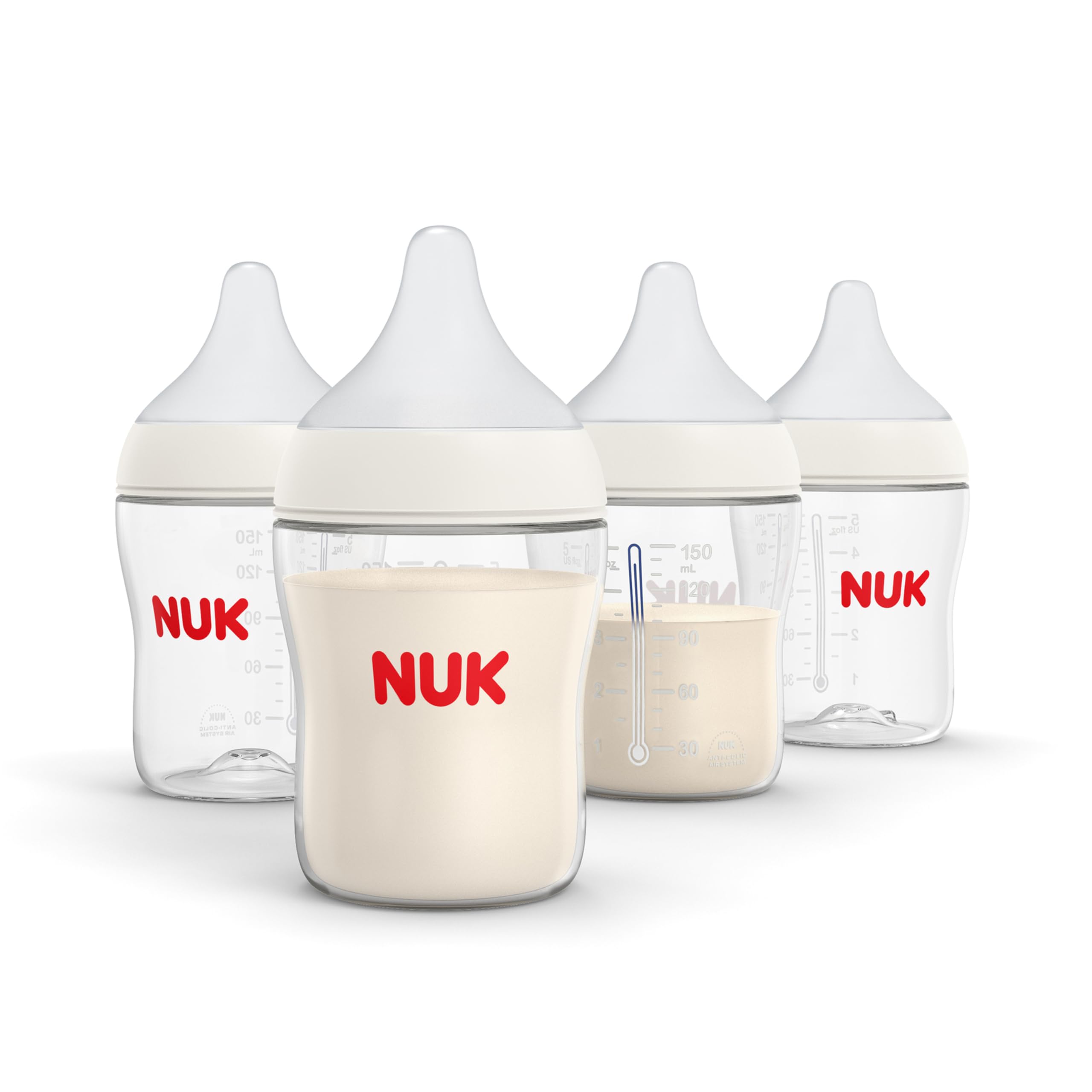NUK Perfect Match 2-in-1 Natural and Anti-Colic Bottle with Medium Flow, Wide, Adaptable Nipple, 8oz., 4 Pack, BPA Free