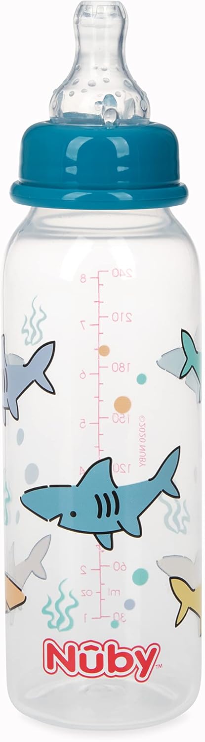 Nuby Printed Non-Drip Bottle, 1 Pack of 1 Bottle, 8 Ounce, Colors May Vary
