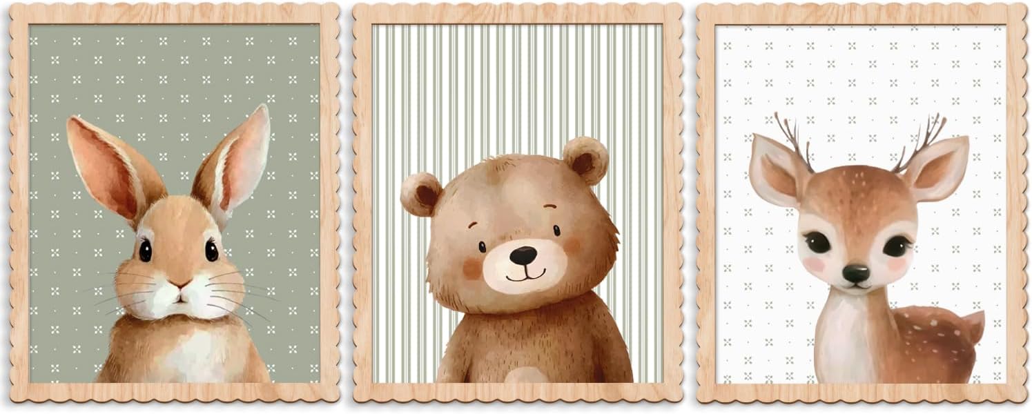 Woodland Nursery Wall Art Decor, Set of 3 Wood Framed Animal Wall Prints Artwork Cute Rabbit Deer Bear Wooden Wall Decoration for Baby Girl Boy Kids Nursery Toddler Room Bedroom Playroom