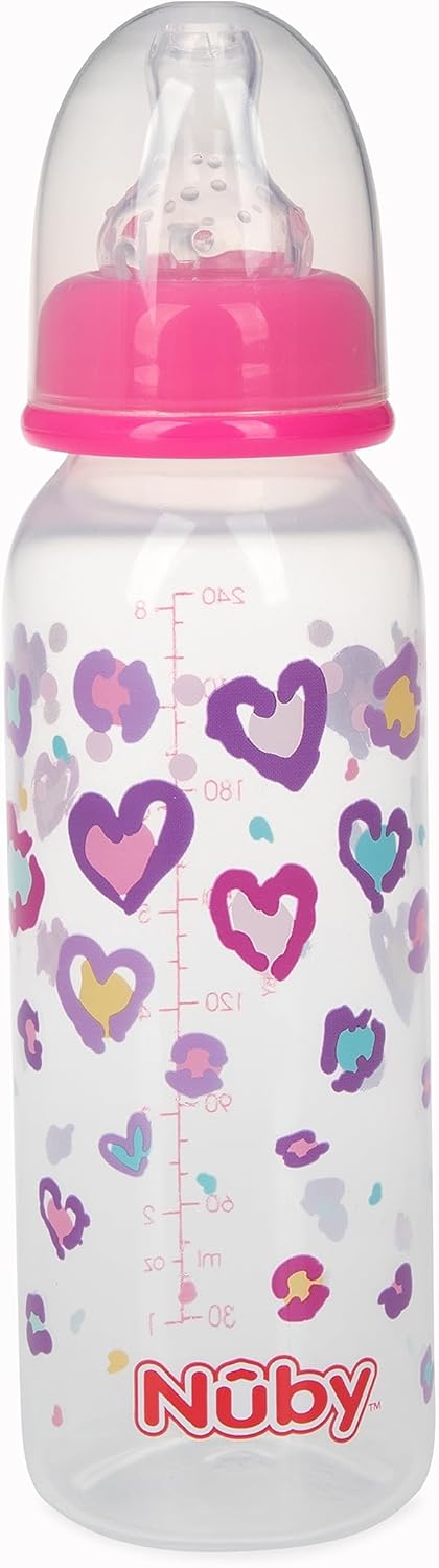 Nuby Printed Non-Drip Bottle, 1 Pack of 1 Bottle, 8 Ounce, Colors May Vary