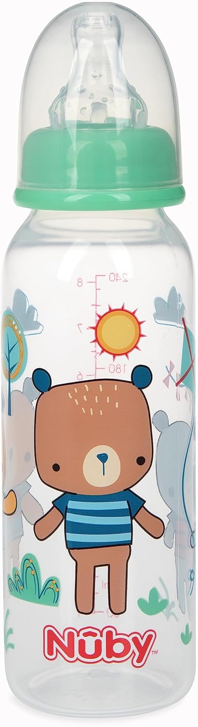 Nuby Printed Non-Drip Bottle, 1 Pack of 1 Bottle, 8 Ounce, Colors May Vary