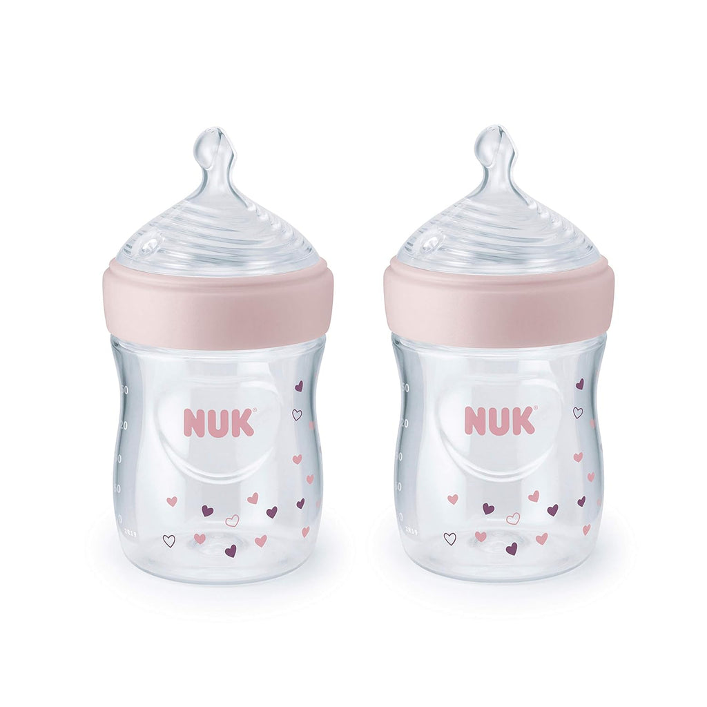 NUK Simply Natural Baby Bottle with SafeTemp, 5 oz, 2 Pack, Pink Hearts