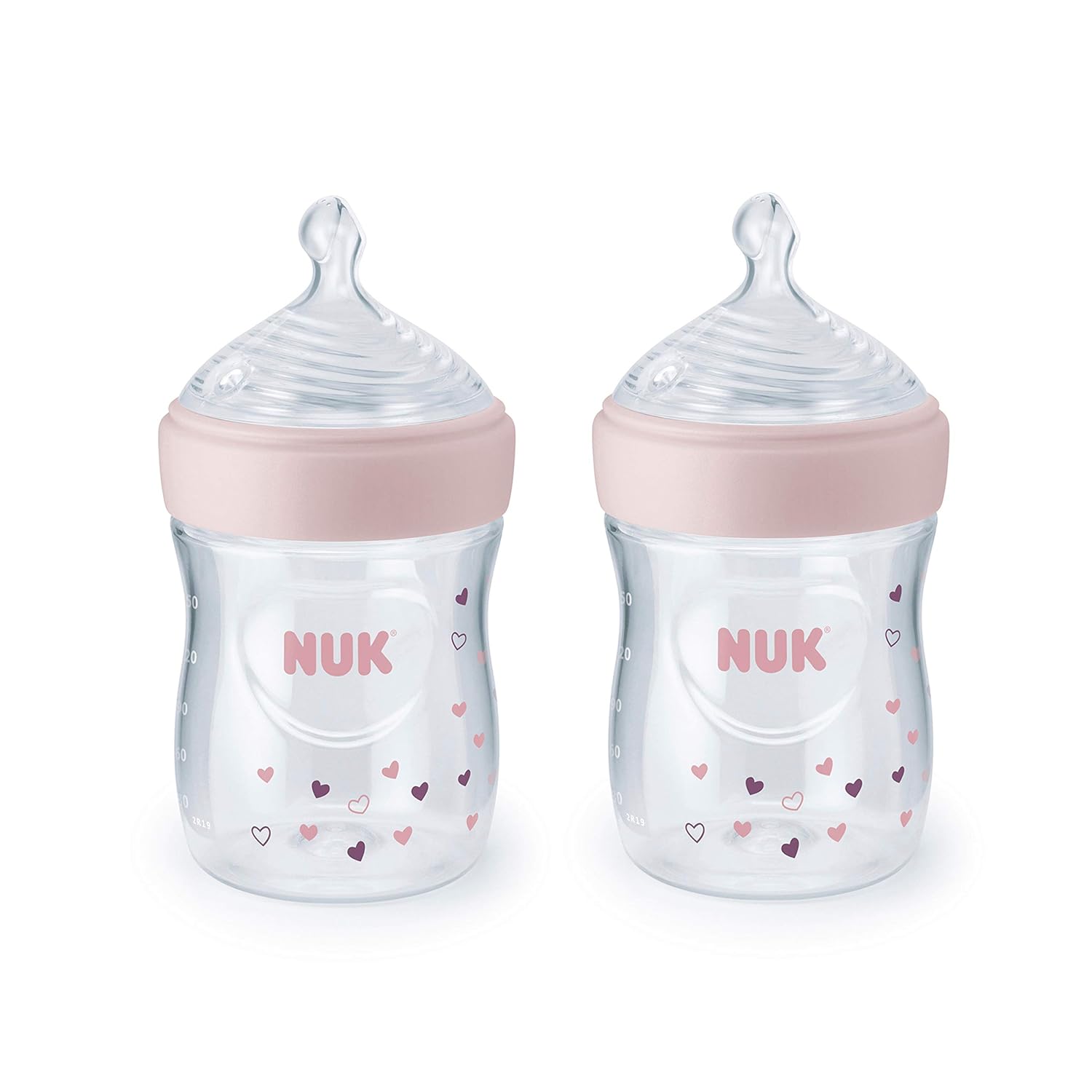 NUK Simply Natural Baby Bottle with SafeTemp, 5 oz, 2 Pack, Pink Hearts