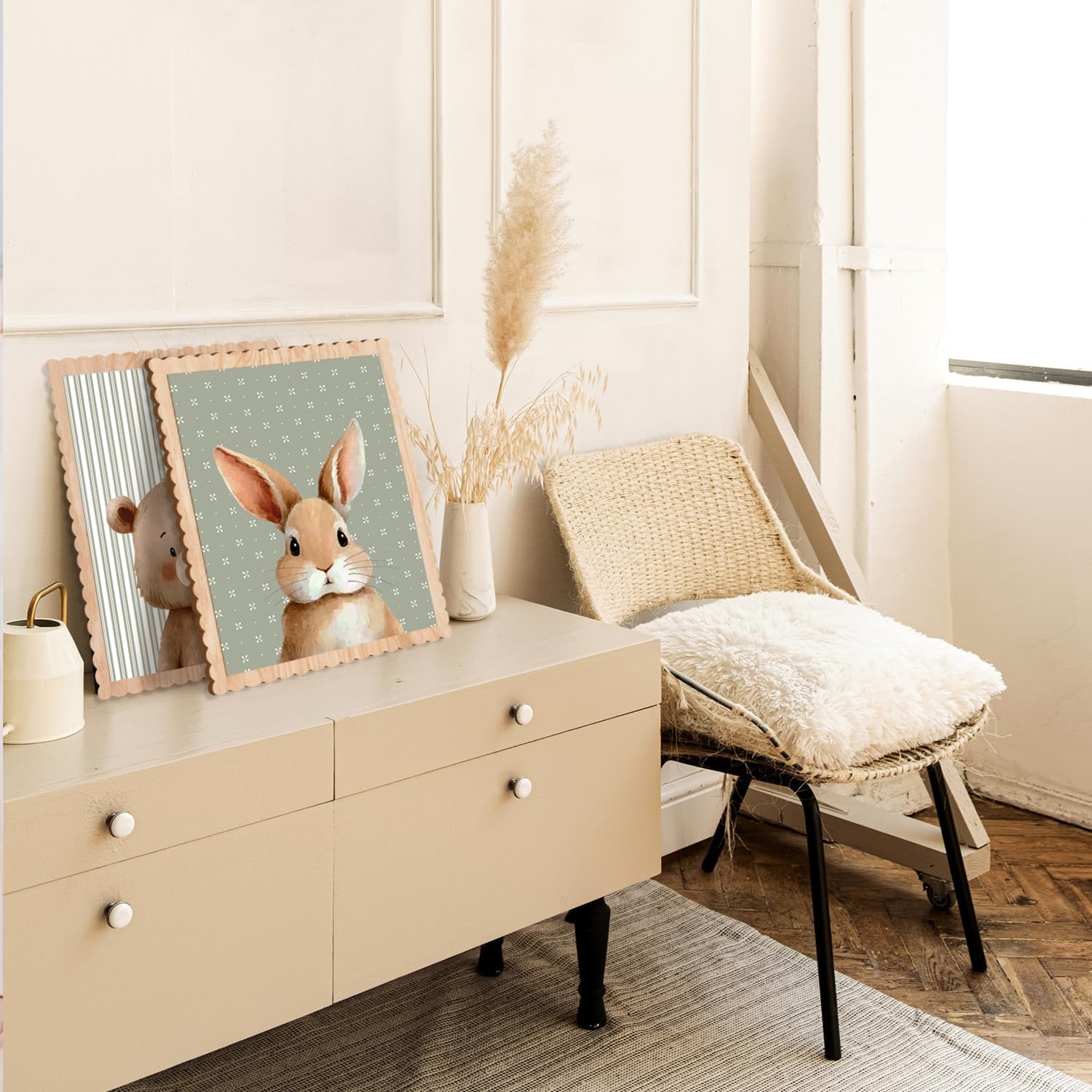 Woodland Nursery Wall Art Decor, Set of 3 Wood Framed Animal Wall Prints Artwork Cute Rabbit Deer Bear Wooden Wall Decoration for Baby Girl Boy Kids Nursery Toddler Room Bedroom Playroom