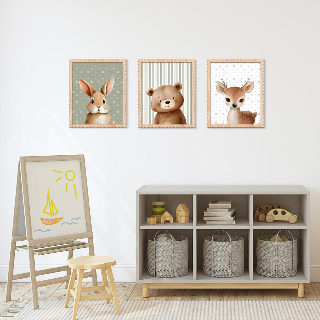 Woodland Nursery Wall Art Decor, Set of 3 Wood Framed Animal Wall Prints Artwork Cute Rabbit Deer Bear Wooden Wall Decoration for Baby Girl Boy Kids Nursery Toddler Room Bedroom Playroom