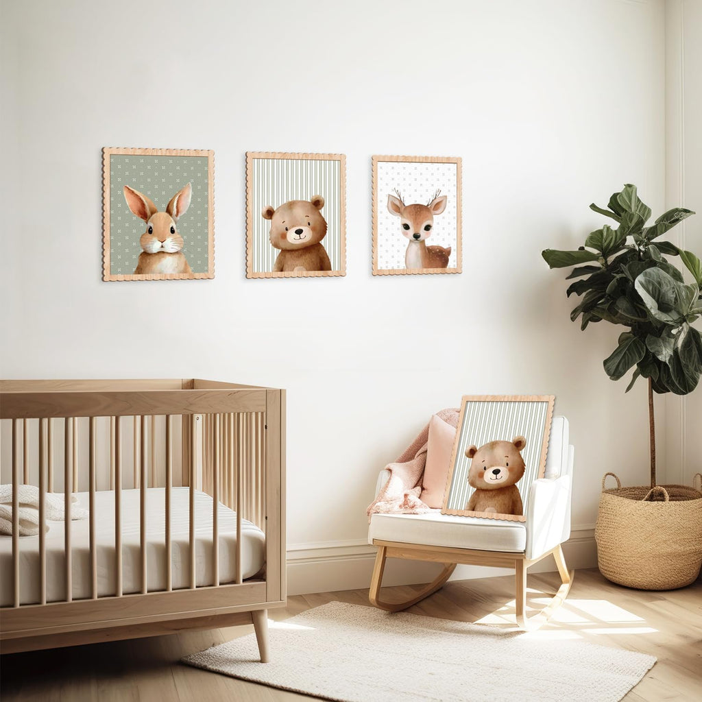 Woodland Nursery Wall Art Decor, Set of 3 Wood Framed Animal Wall Prints Artwork Cute Rabbit Deer Bear Wooden Wall Decoration for Baby Girl Boy Kids Nursery Toddler Room Bedroom Playroom