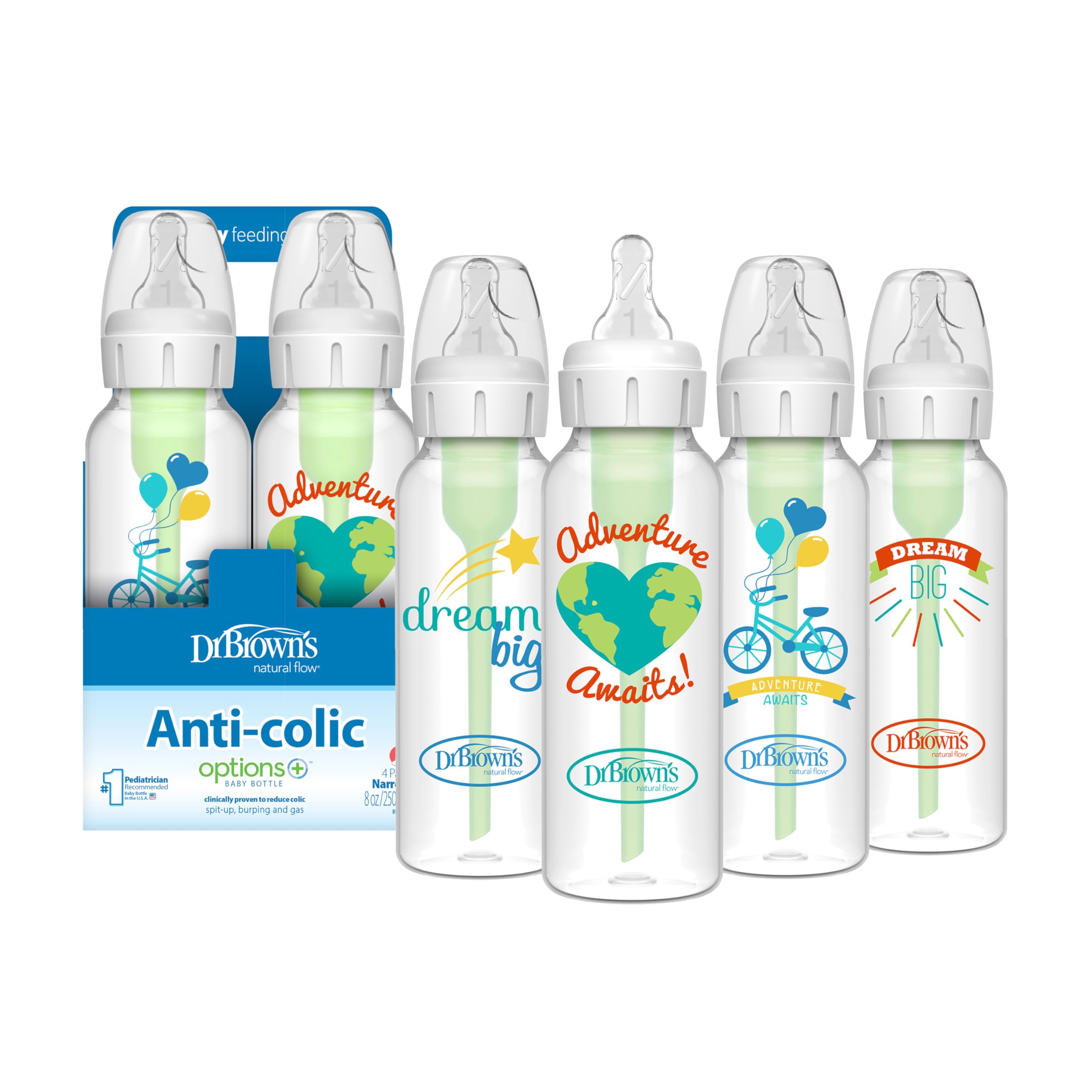 Dr. Brown's Natural Flow Anti-Colic Options+ Narrow Baby Bottle, 4 oz/120 mL, with Level 1 Slow Flow Nipple, 0m+, 4 Bottles