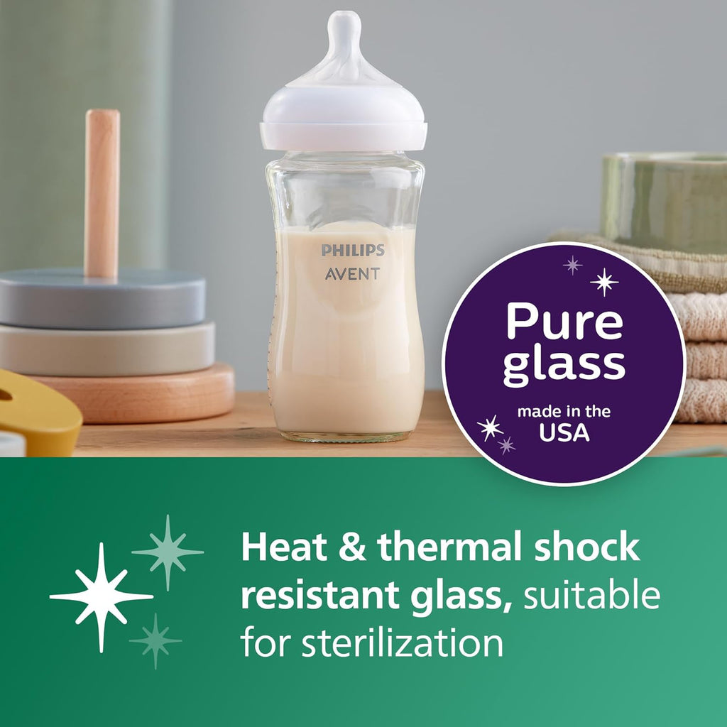 Philips Avent Natural Glass Baby Bottles with Natural Response Nipples (Medium Flow, Flow 3), 8oz, 4-Pack, SCY913/04