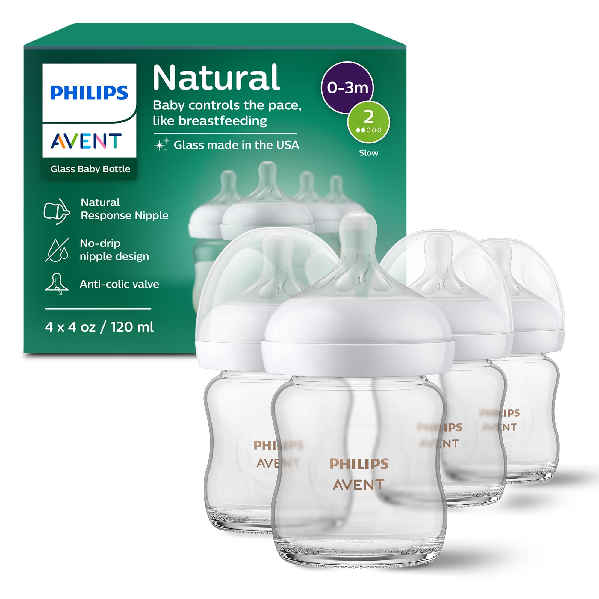 Philips Avent Natural Glass Baby Bottles with Natural Response Nipples (Medium Flow, Flow 3), 8oz, 4-Pack, SCY913/04