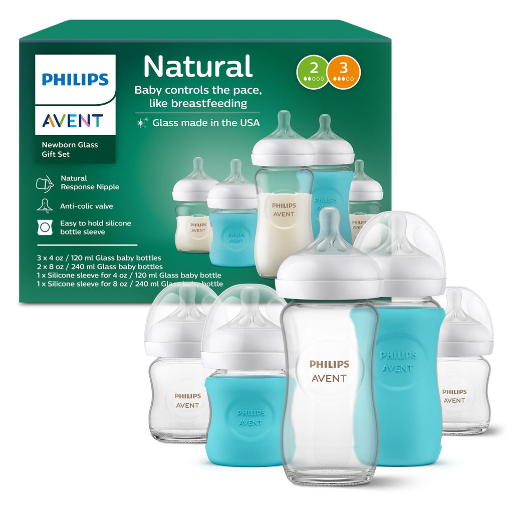 Philips Avent Natural Glass Baby Bottles with Natural Response Nipples (Medium Flow, Flow 3), 8oz, 4-Pack, SCY913/04
