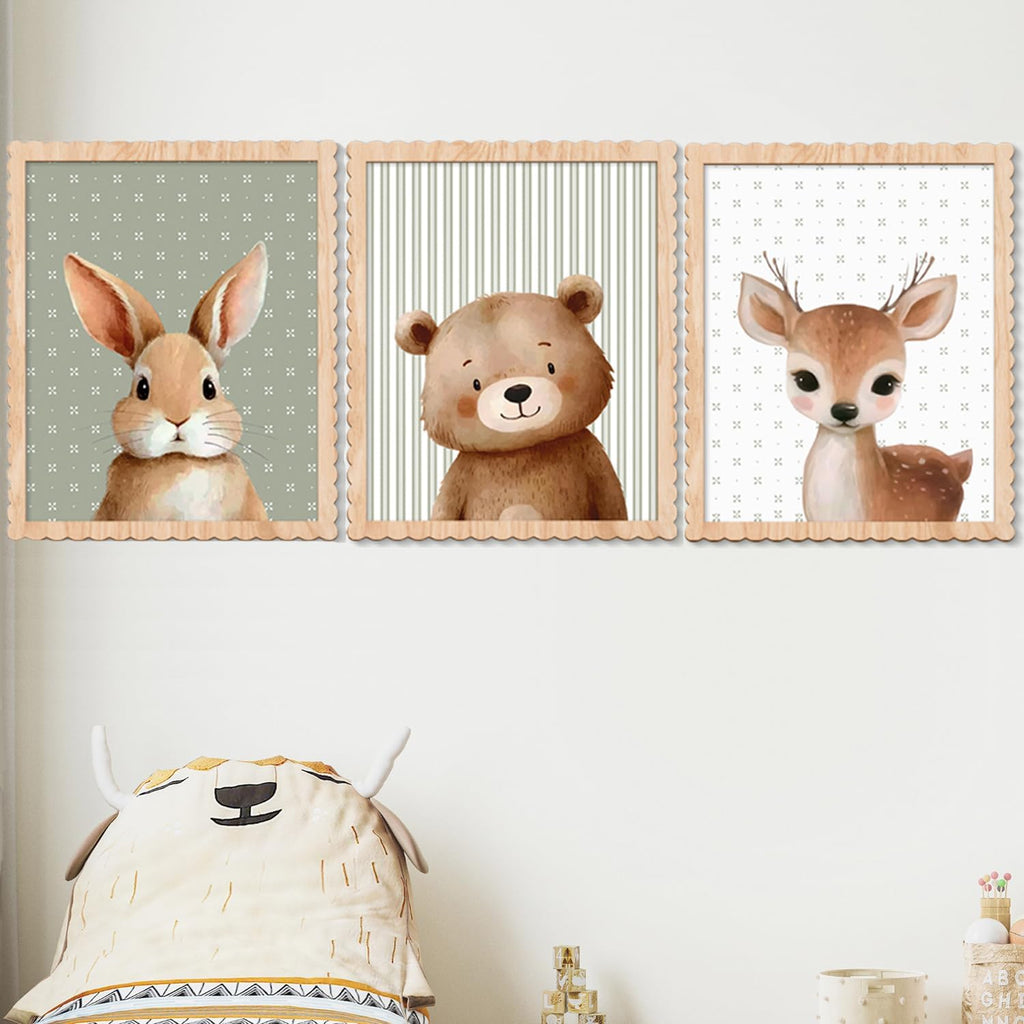 Woodland Nursery Wall Art Decor, Set of 3 Wood Framed Animal Wall Prints Artwork Cute Rabbit Deer Bear Wooden Wall Decoration for Baby Girl Boy Kids Nursery Toddler Room Bedroom Playroom