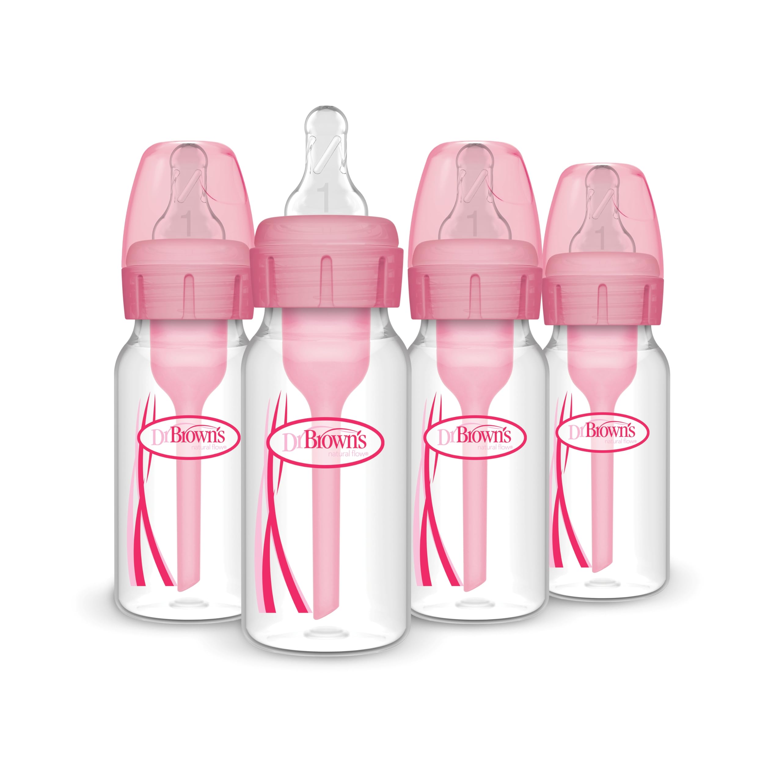 Dr. Brown's Natural Flow Anti-Colic Options+ Narrow Baby Bottle, 4 oz/120 mL, with Level 1 Slow Flow Nipple, 0m+, 4 Bottles
