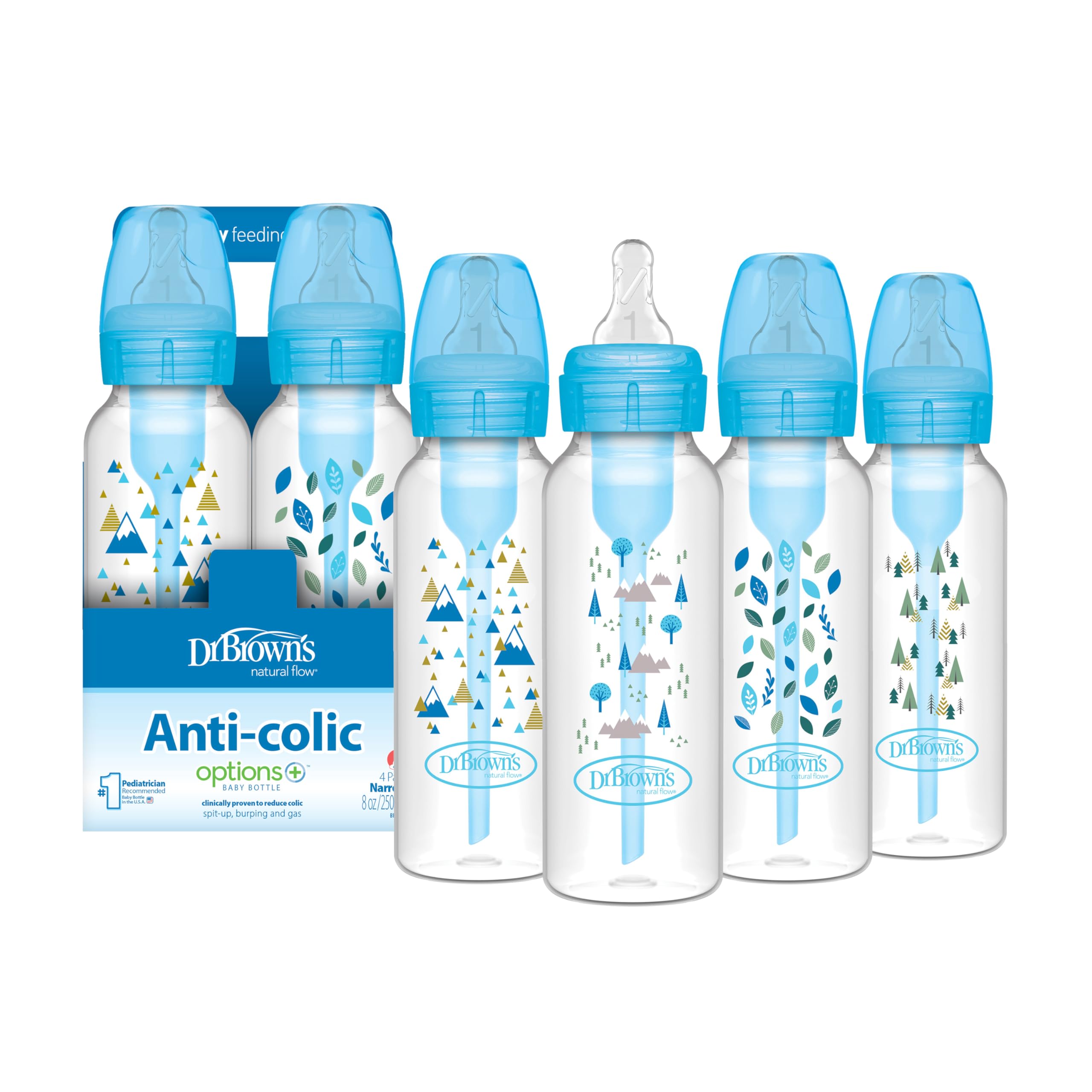 Dr. Brown's Natural Flow Anti-Colic Options+ Narrow Baby Bottle, 4 oz/120 mL, with Level 1 Slow Flow Nipple, 0m+, 4 Bottles
