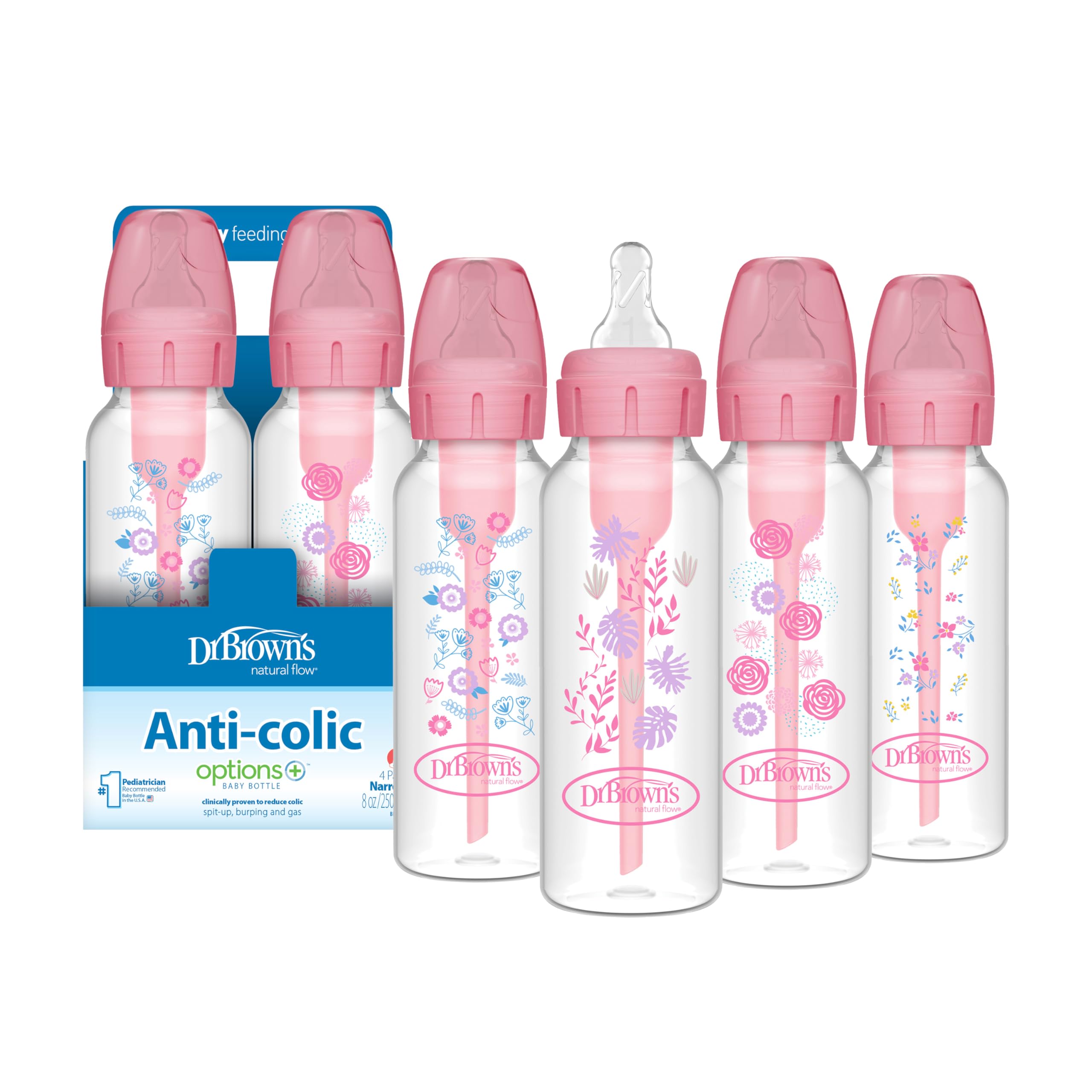 Dr. Brown's Natural Flow Anti-Colic Options+ Narrow Baby Bottle, 4 oz/120 mL, with Level 1 Slow Flow Nipple, 0m+, 4 Bottles