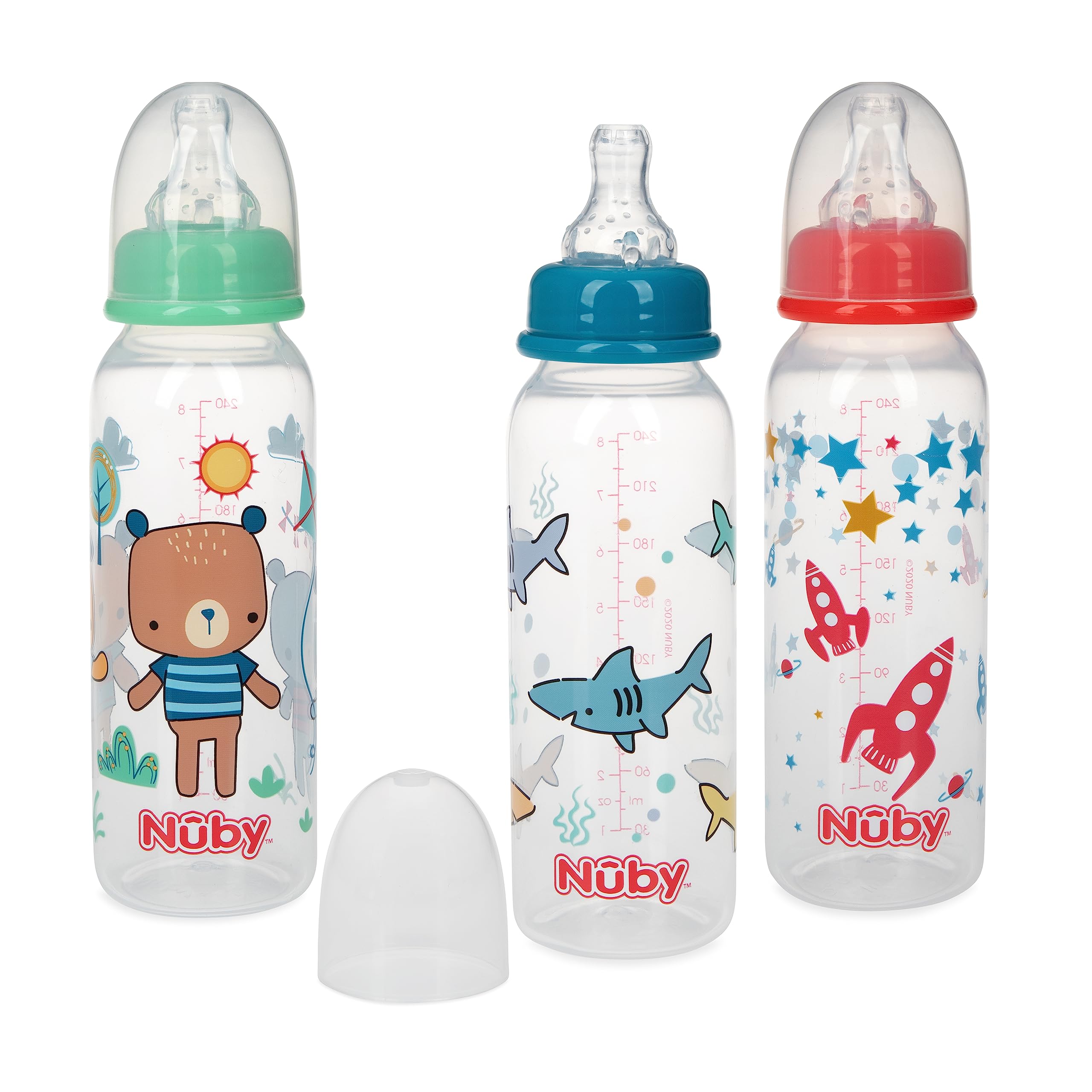 Nuby Printed Non-Drip Bottle, 1 Pack of 1 Bottle, 8 Ounce, Colors May Vary