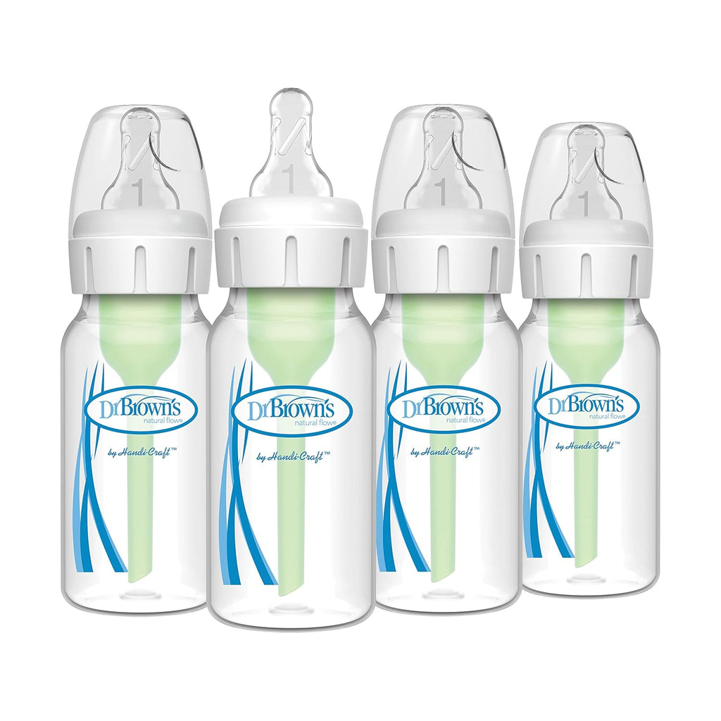 Dr. Brown's Natural Flow Anti-Colic Options+ Narrow Baby Bottle, 4 oz/120 mL, with Level 1 Slow Flow Nipple, 0m+, 4 Bottles
