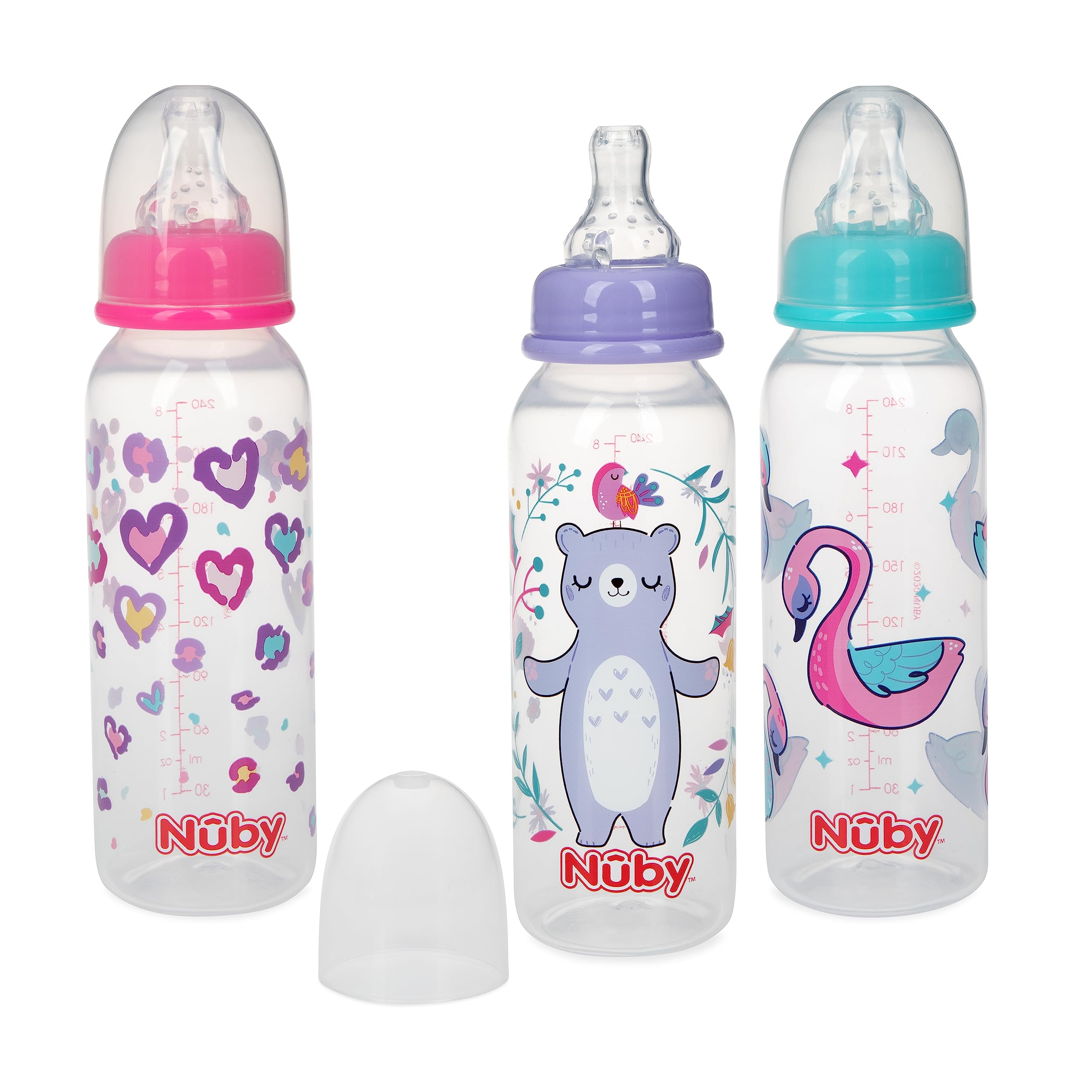 Nuby Printed Non-Drip Bottle, 1 Pack of 1 Bottle, 8 Ounce, Colors May Vary