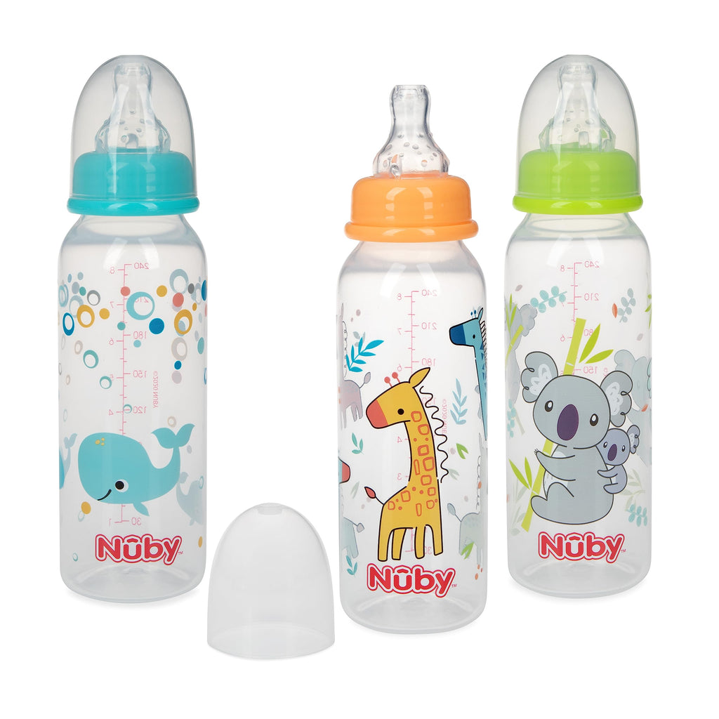 Nuby Printed Non-Drip Bottle, 1 Pack of 1 Bottle, 8 Ounce, Colors May Vary