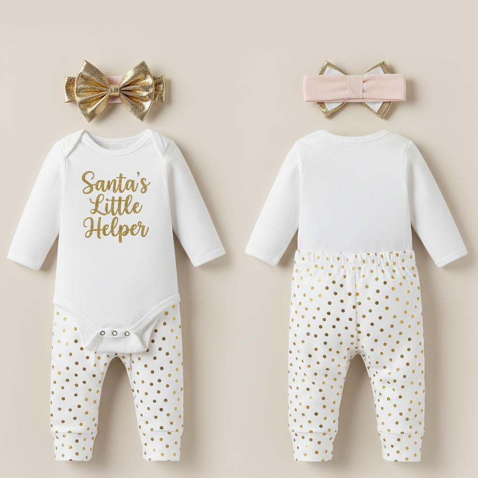 "Santa's Little Helper" Gold Glitter 3-Piece Baby Direct Club™ Outfit Set