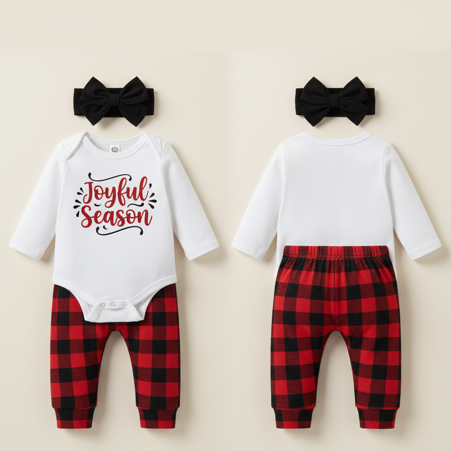 "Joyful Season" Buffalo Plaid 3-Piece Baby Direct Club ™ Outfit Set