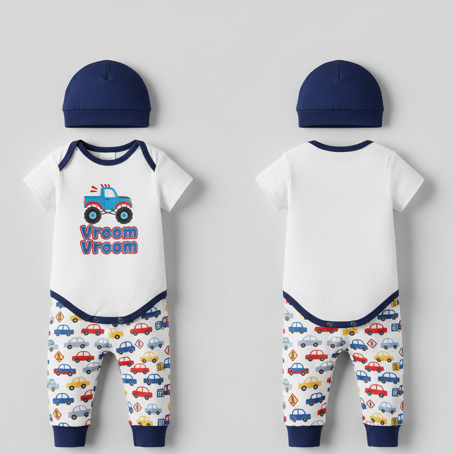 "Vroom Vroom" Monster Truck & Car 3-Piece Baby Direct Club™ Outfit Set