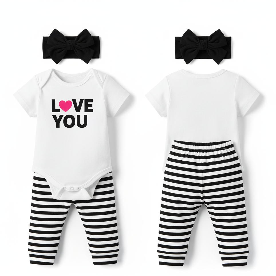 "Love You" Monochrome Stripe 3-Piece Baby Direct Club™ Outfit Set