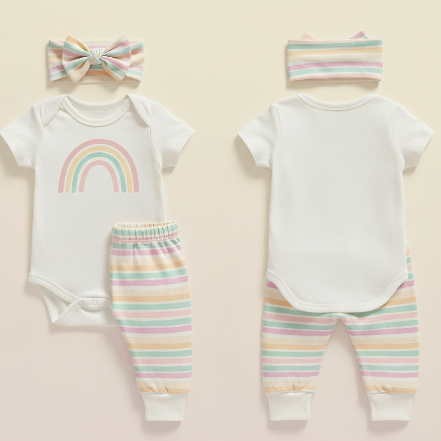 "Little Dreamer" Pastel Rainbow 3-Piece Baby Direct Club™ Outfit Set