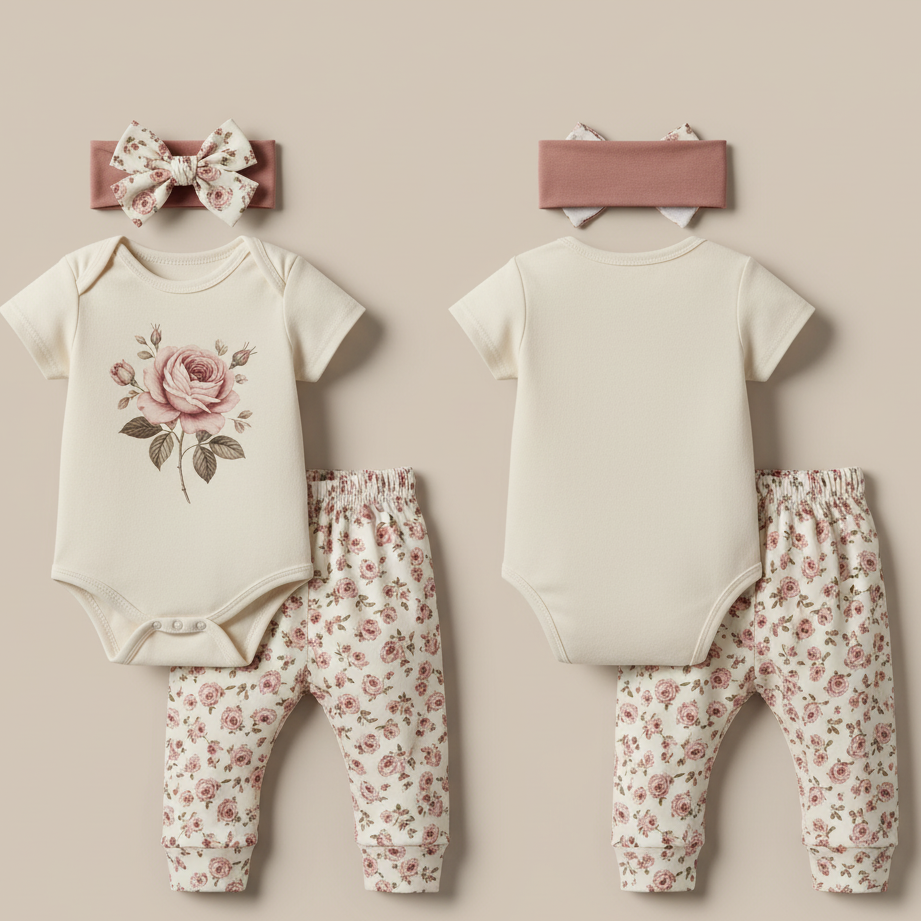 "Heirloom Rose" Vintage Floral 3-Piece Baby Direct Club™ Outfit Set