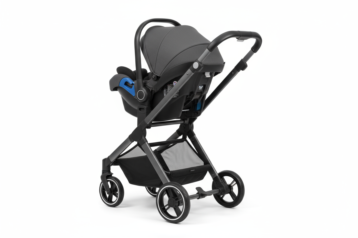 Generate me a photo of a collapsible stroller carseat combo 